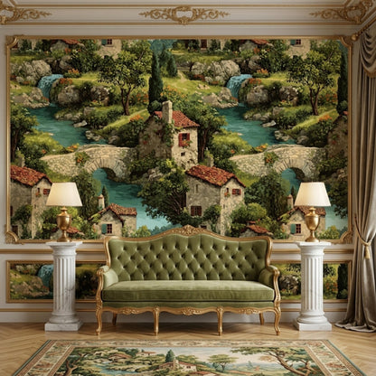 A living room with a green velvet sofa and two lamps on pedestals, against a wallpaper featuring a painted village scene with houses, trees, and a river.