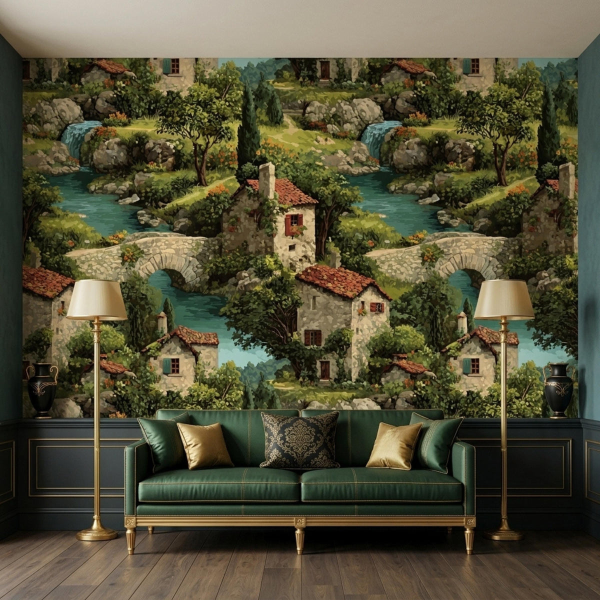 A living room with a green sofa and two floor lamps, against a wallpaper featuring a painted village scene with houses, trees, and a river.