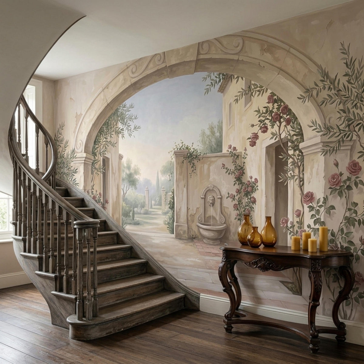 A wooden staircase curves around a wall mural showing a stone archway with climbing roses, a garden path, and a fountain.