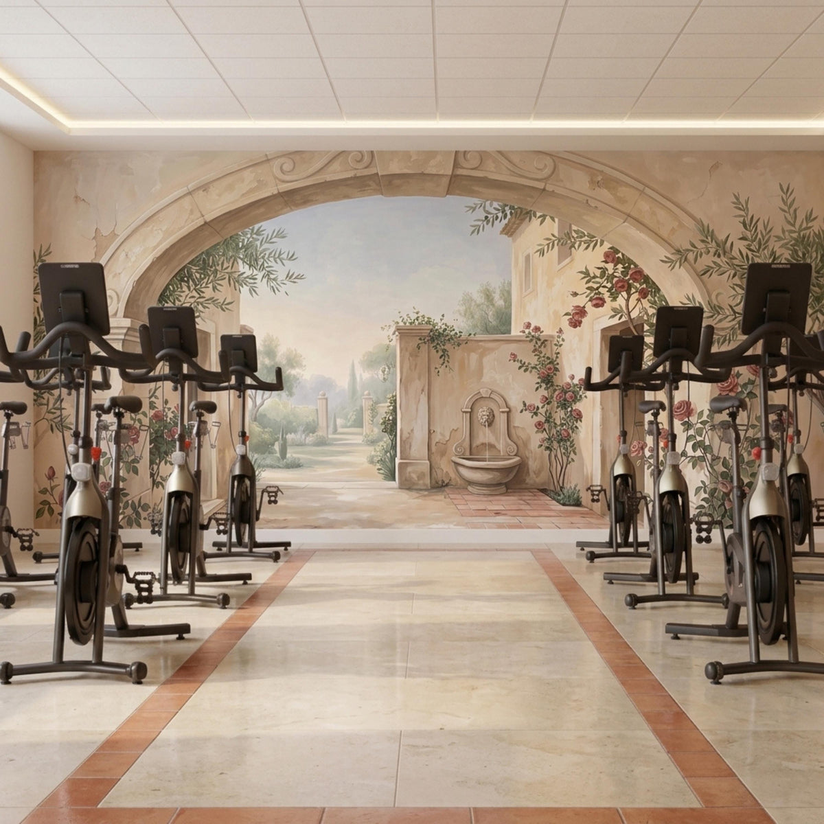 A gym with rows of exercise bikes in front of a wall mural depicting a stone archway, a garden path, and a fountain.