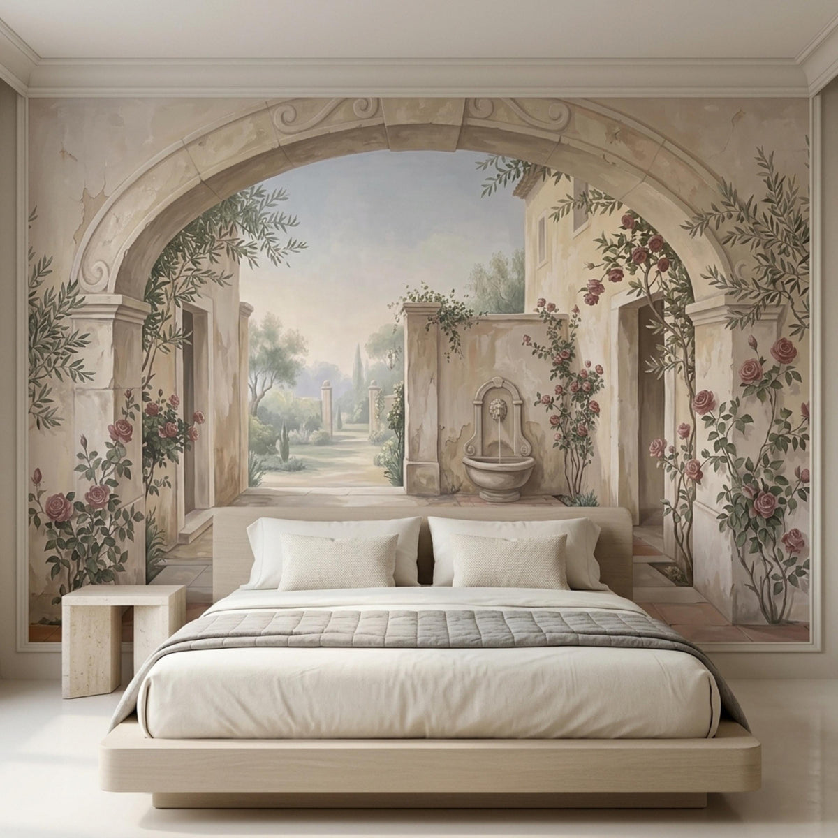 A bedroom with a bed and nightstand in front of a wall mural depicting a stone archway, a garden path, a fountain, and a distant villa.