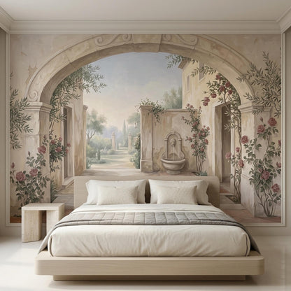 A bedroom with a bed and nightstand in front of a wall mural depicting a stone archway, a garden path, a fountain, and a distant villa.