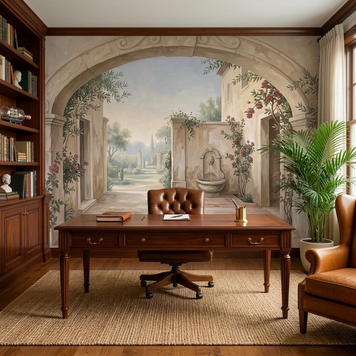 A home office with a wooden desk and leather chair in front of a wall mural depicting a stone archway, a garden path, and a fountain.