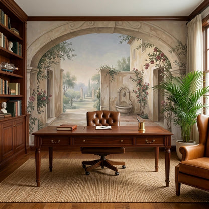 A home office with a wooden desk and leather chair in front of a wall mural depicting a stone archway, a garden path, and a fountain.