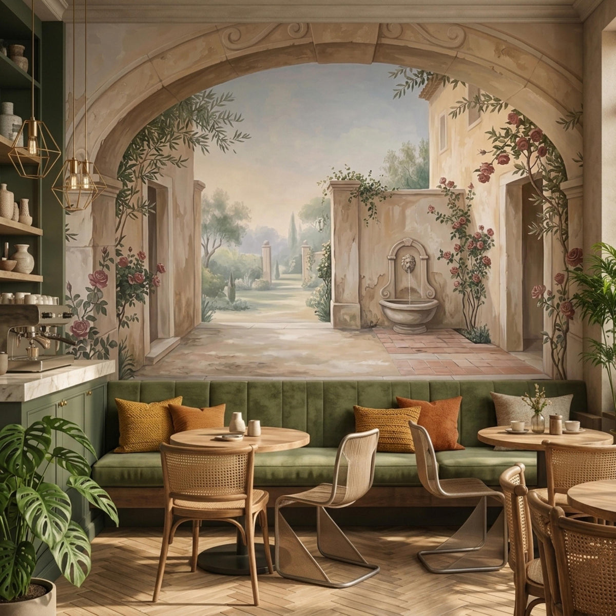 A cafe interior with green upholstered benches and wooden tables, featuring a wall mural depicting a Mediterranean garden archway with a fountain and flowering vines.