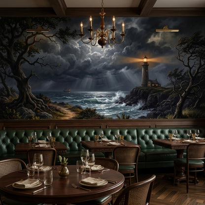 A restaurant dining area with green leather banquettes and wooden tables, featuring a wall mural of a stormy sea with a lighthouse and dark clouds.