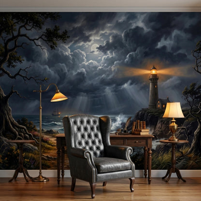 A dark leather armchair and wooden desk with a lamp in front of a wall mural of a stormy sea, a lighthouse, and dark, moonlit clouds.
