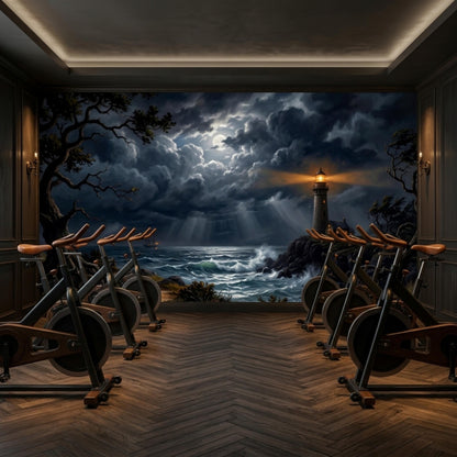 A row of stationary bicycles in a gym with a wall mural of a stormy sea, a lighthouse, and dark, moonlit clouds.