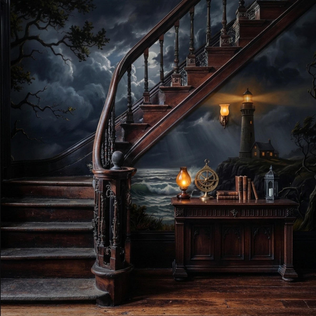 A dark wooden staircase with a landing featuring a small table with books and a lamp, set against a wall mural of a stormy lighthouse scene.