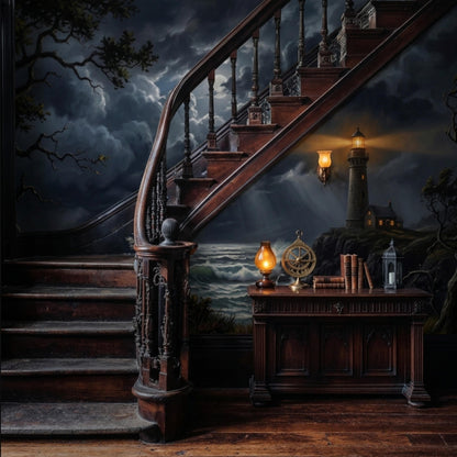 A dark wooden staircase with a landing featuring a small table with books and a lamp, set against a wall mural of a stormy lighthouse scene.