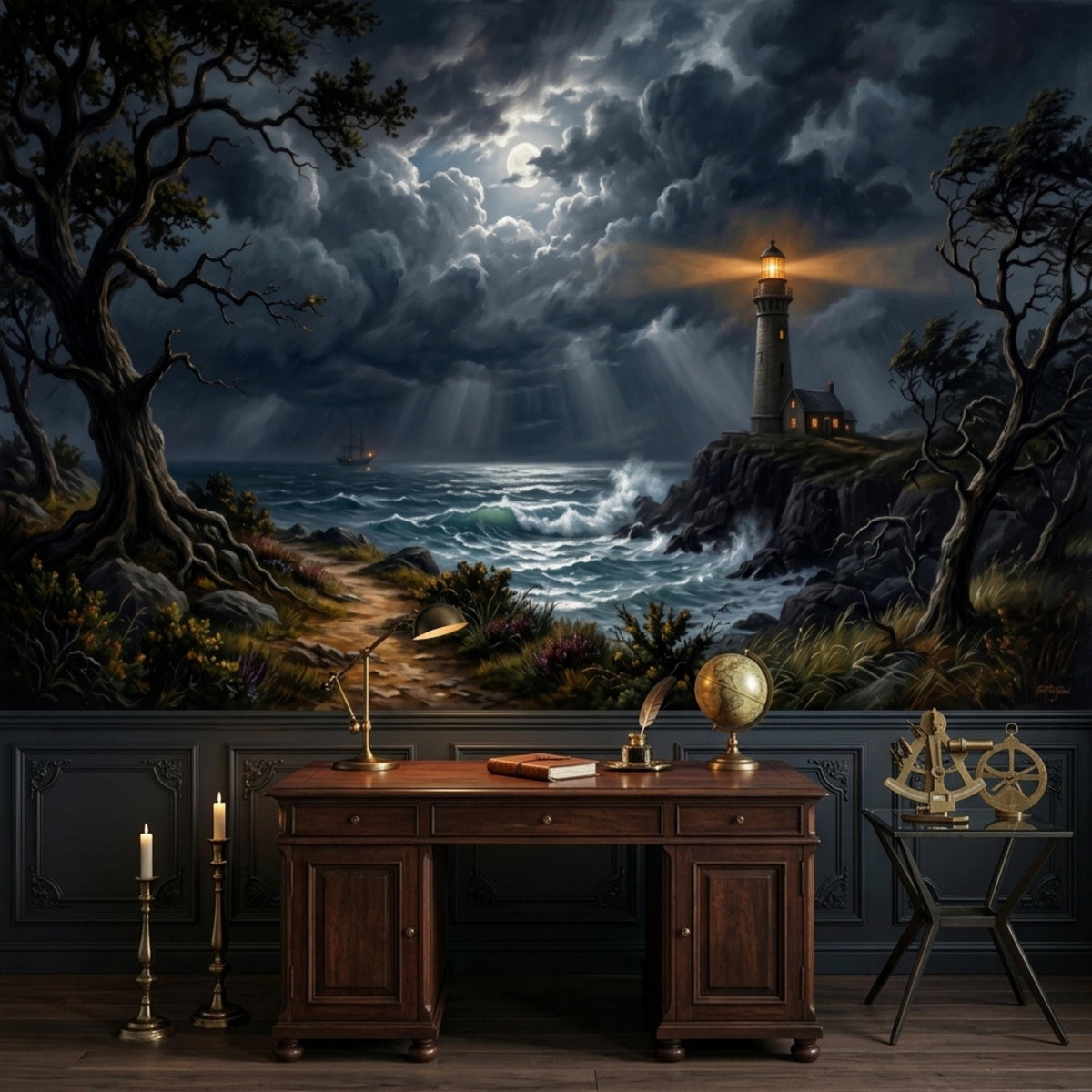 A dark wooden desk with a globe and a lamp, set against a wall mural of a stormy sea with a lighthouse and dark, moonlit clouds.