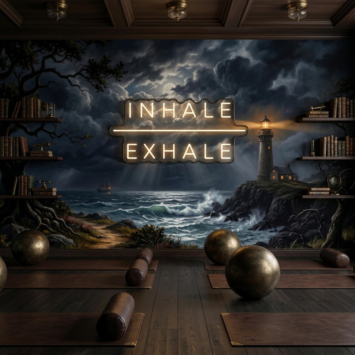 A yoga studio with mats and props, featuring a wall mural of a stormy sea and a lighthouse, with a neon sign reading "INHALE EXHALE."