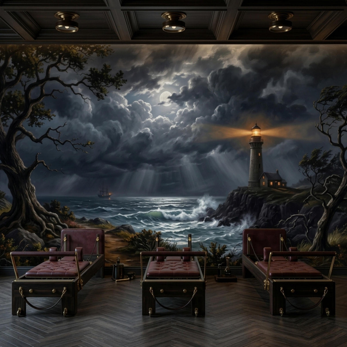 A dark, moody mural depicts a stormy sea with a lighthouse on a rocky cliff, under a cloudy sky with a full moon, installed in a room with three dark wooden benches with red cushions.