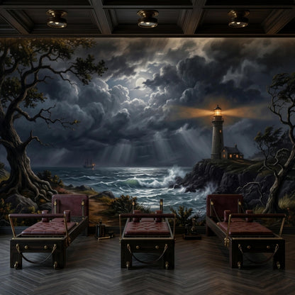 A dark, moody mural depicts a stormy sea with a lighthouse on a rocky cliff, under a cloudy sky with a full moon, installed in a room with three dark wooden benches with red cushions.