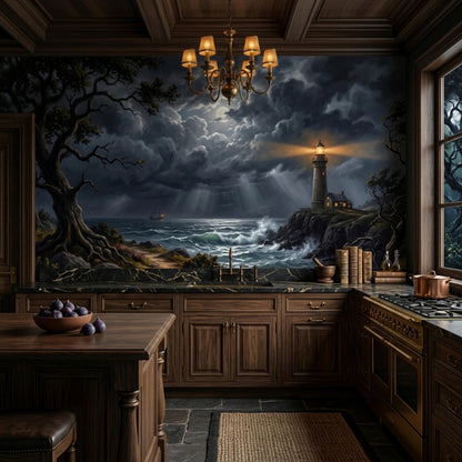 A dark, moody mural depicts a stormy sea with a lighthouse on a rocky cliff, under a cloudy sky with a full moon, installed in a kitchen with dark wooden cabinets and a chandelier.