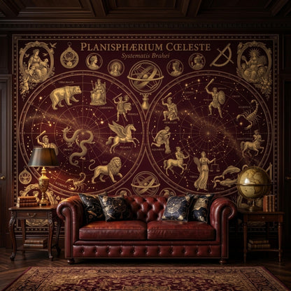 A burgundy and gold celestial map mural covers a wall behind a brown leather sofa, with two side tables holding lamps and a globe.