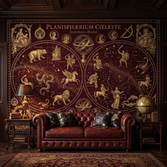 A burgundy and gold celestial map mural covers a wall behind a brown leather sofa, with two side tables holding lamps and a globe.