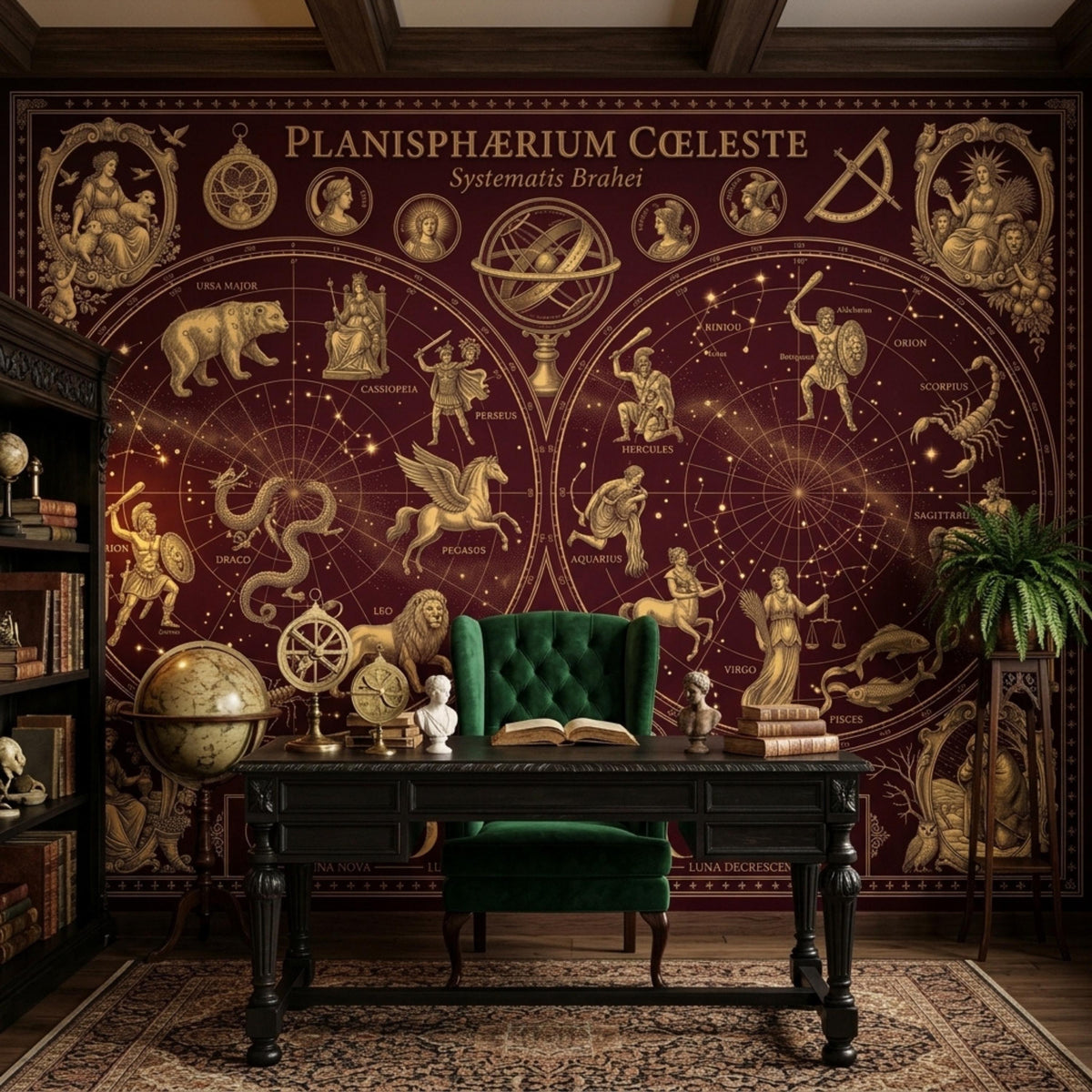 A burgundy and gold celestial map mural covers a wall behind a dark wooden desk with a green velvet chair and a globe.