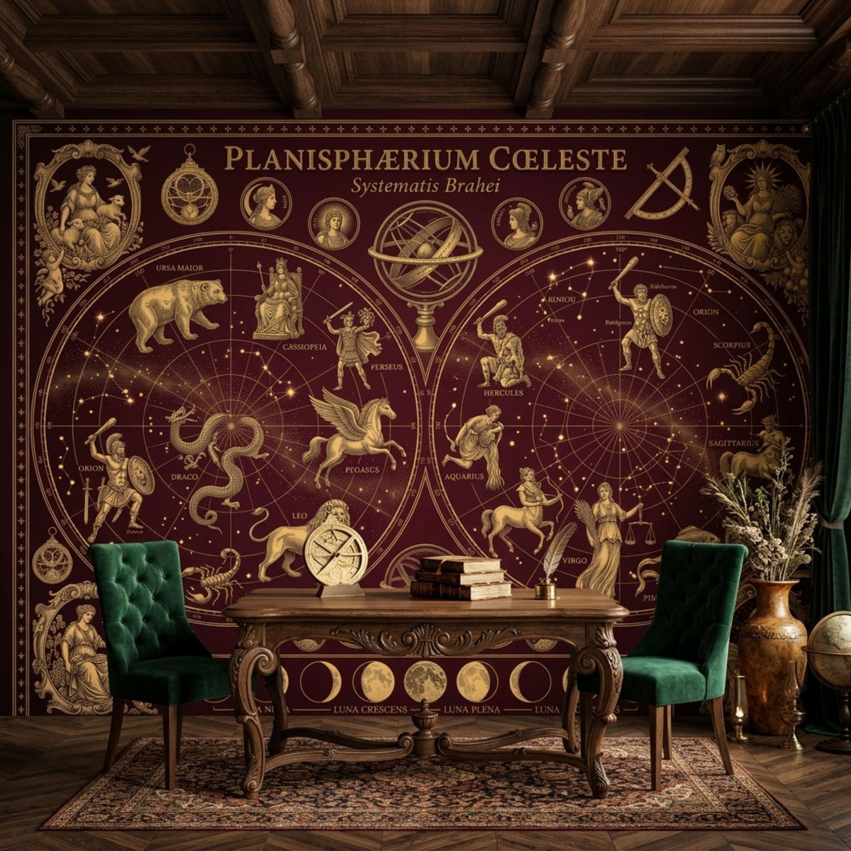A burgundy and gold celestial map mural covers a wall behind a wooden table with two green velvet chairs and a globe.