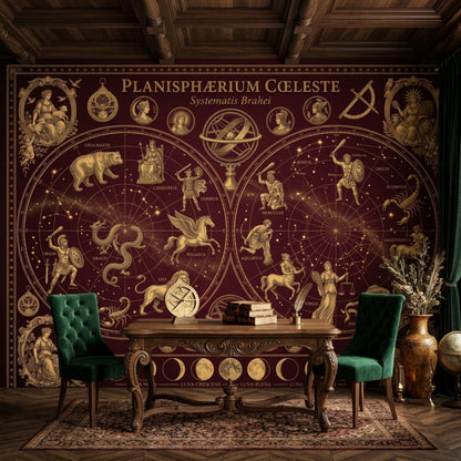 A burgundy and gold celestial map mural covers a wall behind a wooden table with two green velvet chairs and a globe.