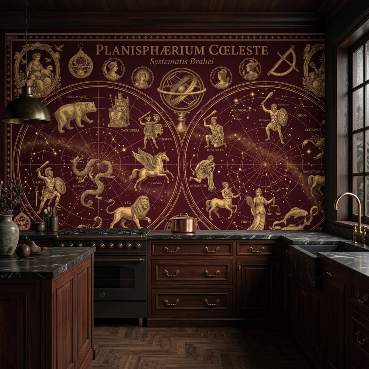 A burgundy and gold celestial map mural covers a kitchen wall above dark wood cabinets and black countertops with a sink.