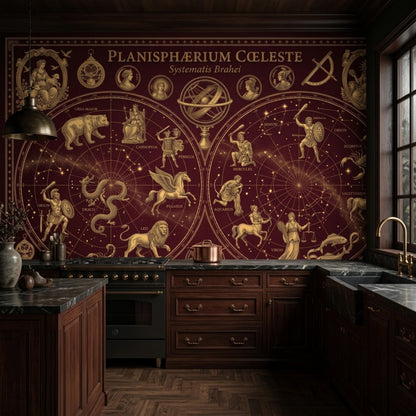 A burgundy and gold celestial map mural covers a kitchen wall above dark wood cabinets and black countertops with a sink.
