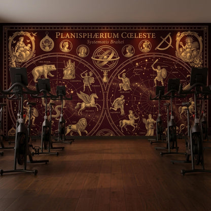A burgundy and gold celestial map mural covers a wall in a room with rows of black exercise bikes on a wooden floor.