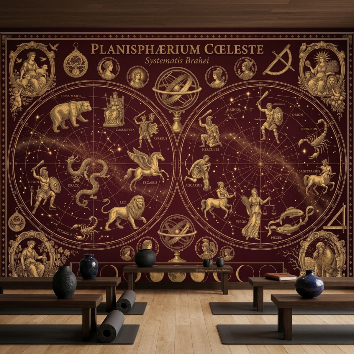 A burgundy and gold celestial map mural covers a wall in a yoga studio with mats and small wooden benches.