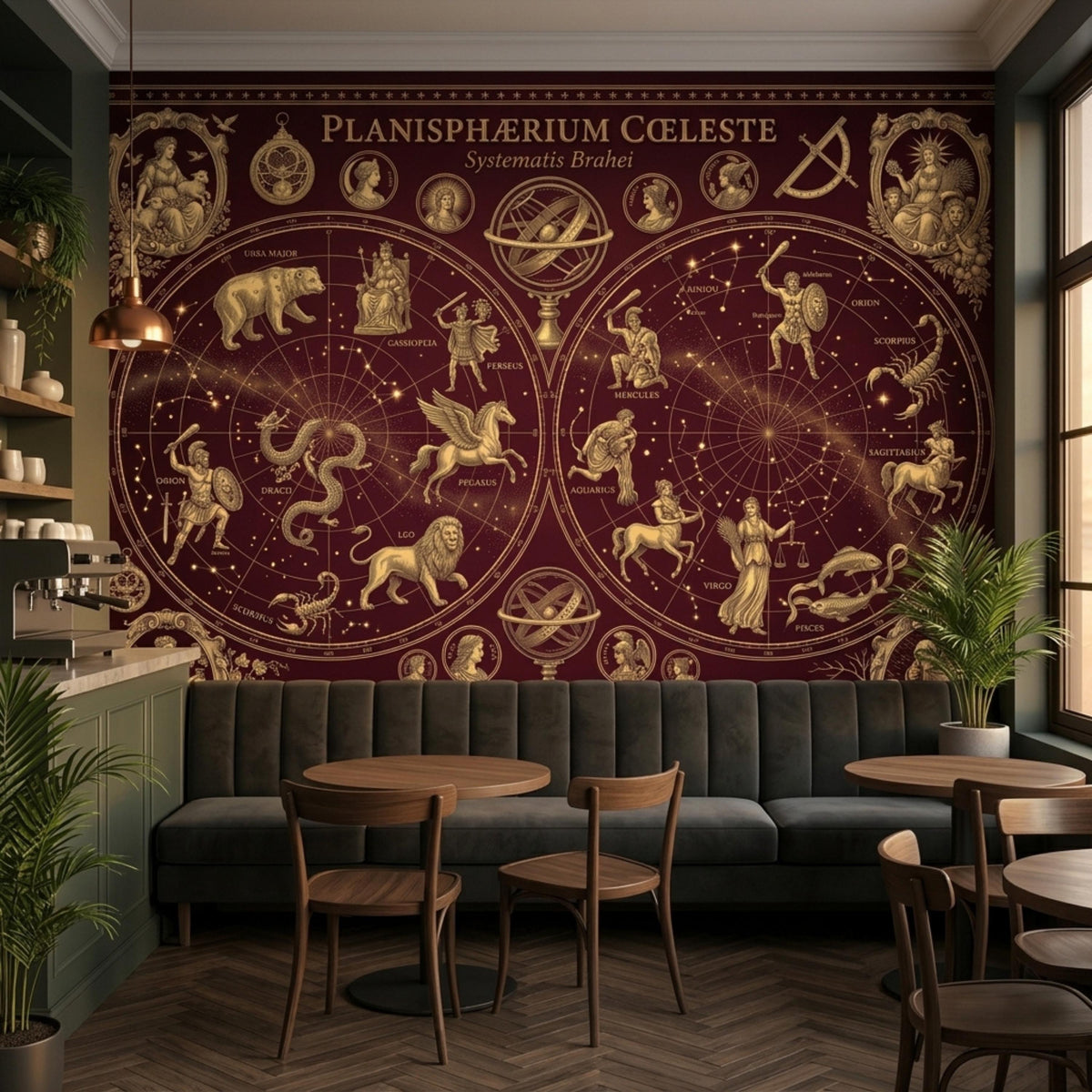 A burgundy and gold celestial map mural covers a wall in a cafe setting with a long green booth and small round tables.