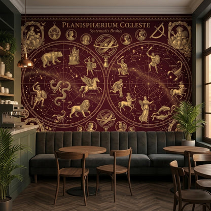 A burgundy and gold celestial map mural covers a wall in a cafe setting with a long green booth and small round tables.