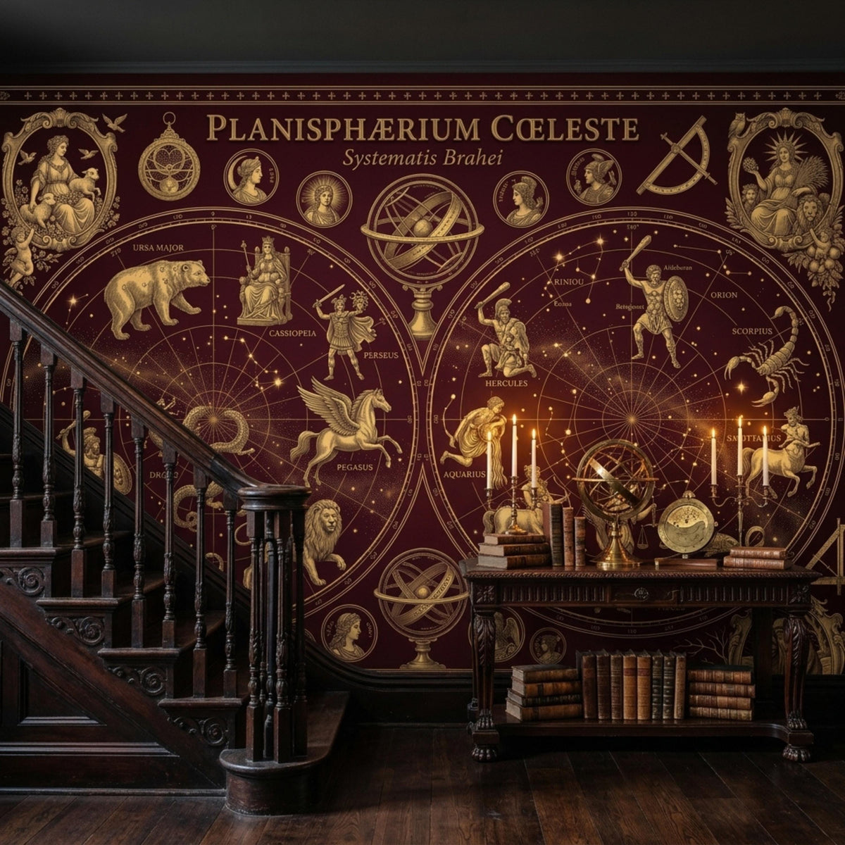 A burgundy and gold celestial map mural covers a wall next to a dark wooden staircase and a table with books and candles.