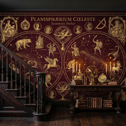 A burgundy and gold celestial map mural covers a wall next to a dark wooden staircase and a table with books and candles.