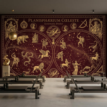 A burgundy and gold celestial map mural covers a wall in a pilates studio with several black reformer machines.