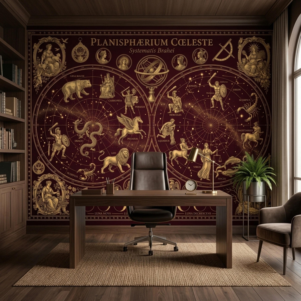 A home office with a large burgundy and gold celestial map mural covering the back wall, featuring constellations and zodiac signs.