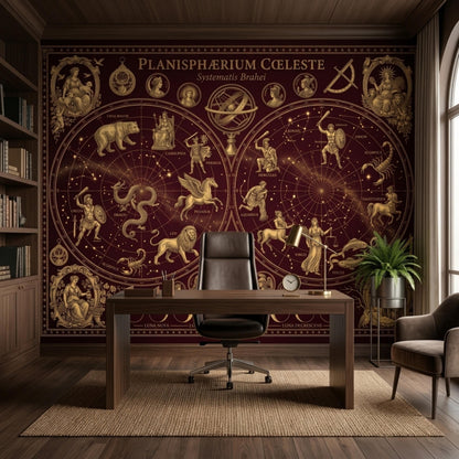 A home office with a large burgundy and gold celestial map mural covering the back wall, featuring constellations and zodiac signs.
