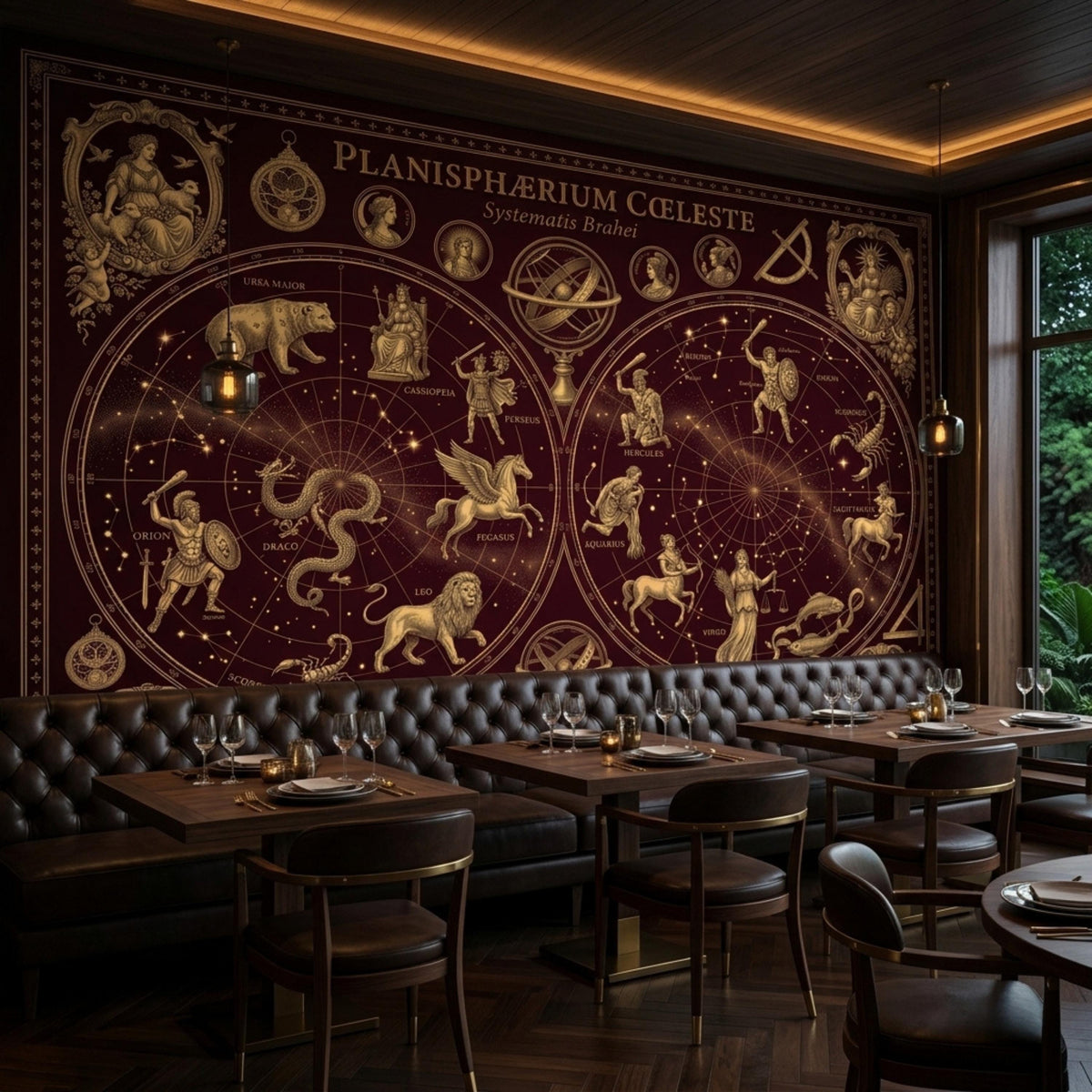 A restaurant dining area with a large burgundy and gold celestial map mural on the back wall, featuring constellations and zodiac signs.