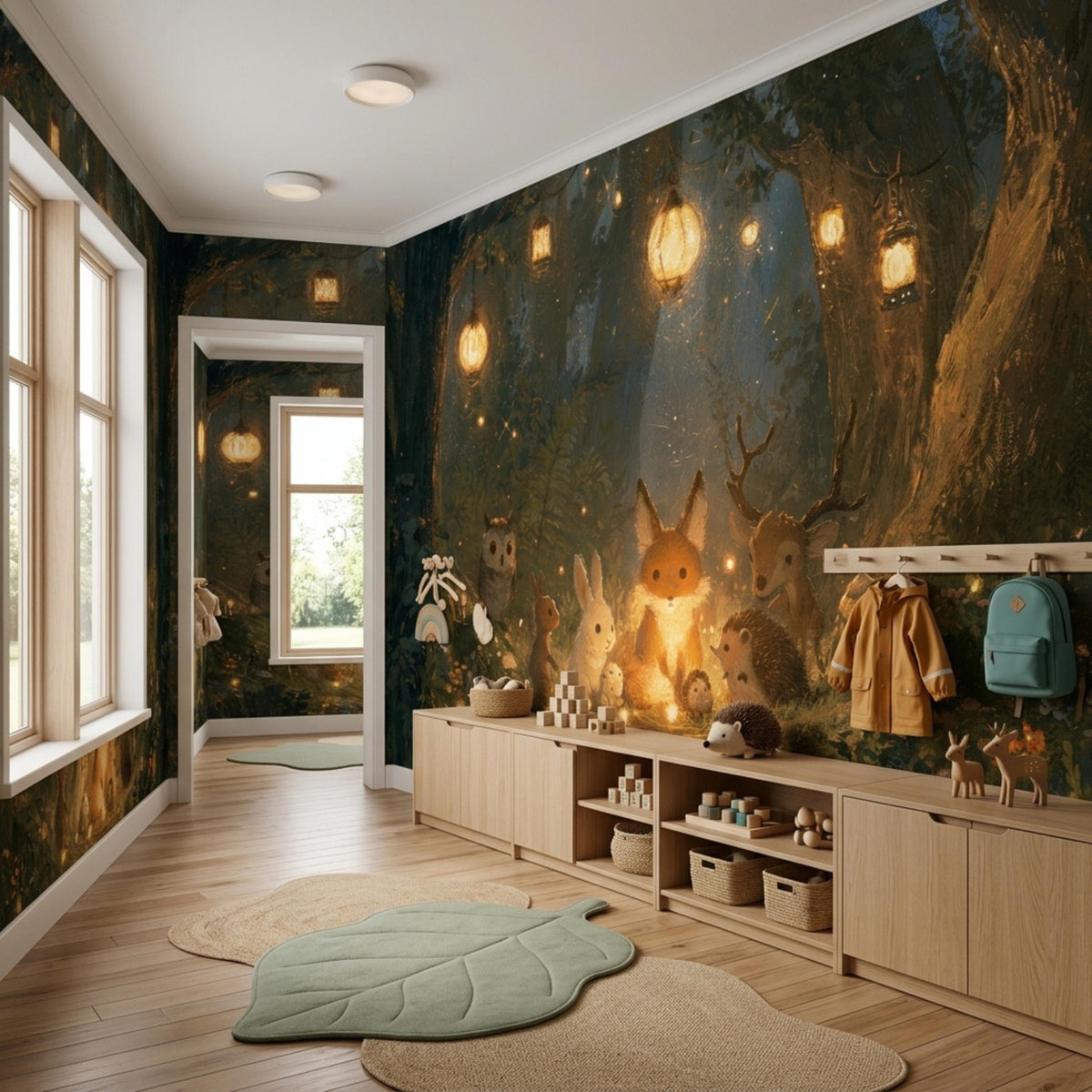 A long hallway with a woodland animal mural on the right wall and light-colored wooden cabinets and shelves below it, featuring leaf-shaped rugs on the floor.