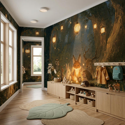 A long hallway with a woodland animal mural on the right wall and light-colored wooden cabinets and shelves below it, featuring leaf-shaped rugs on the floor.