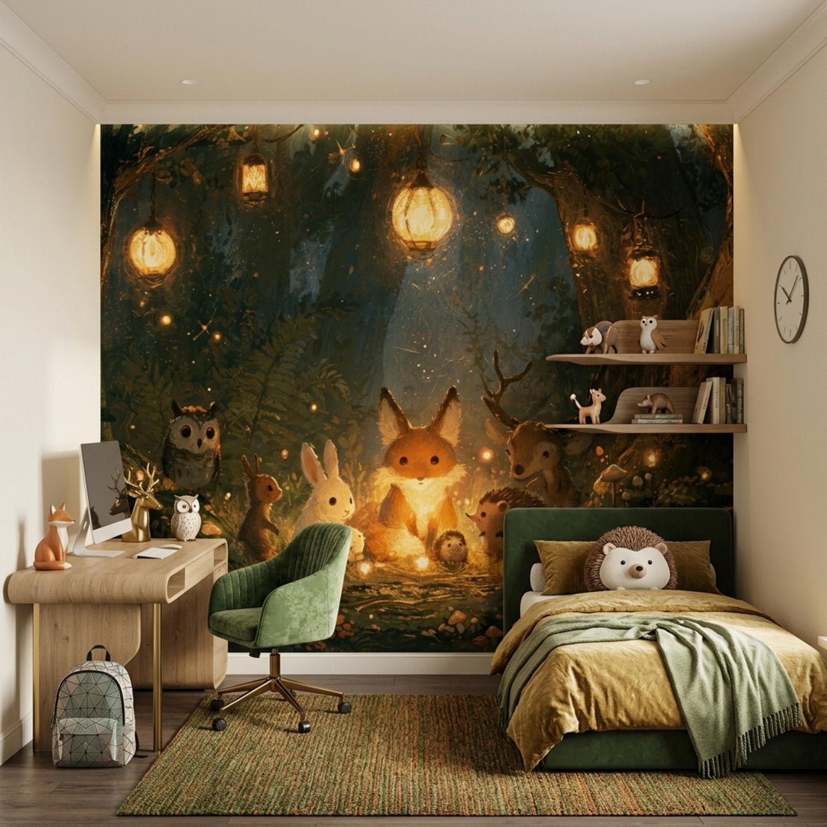 A child's bedroom with a woodland animal mural on the back wall, a green upholstered bed, a wooden desk with a green office chair, and shelves with decorative items.