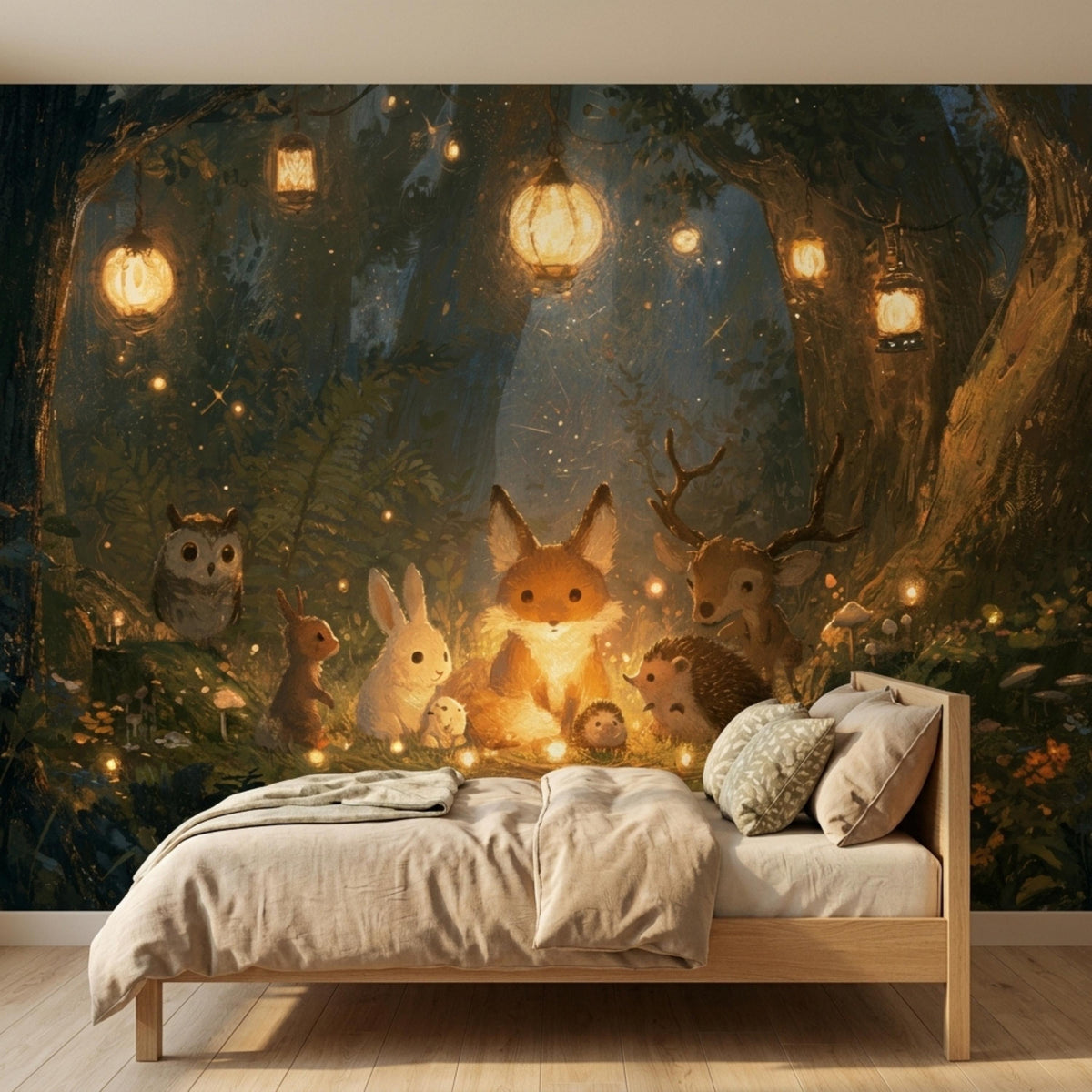 A mural of woodland animals in a glowing forest with lanterns, covering a wall behind a light-colored wooden bed with a beige duvet and two throw pillows.
