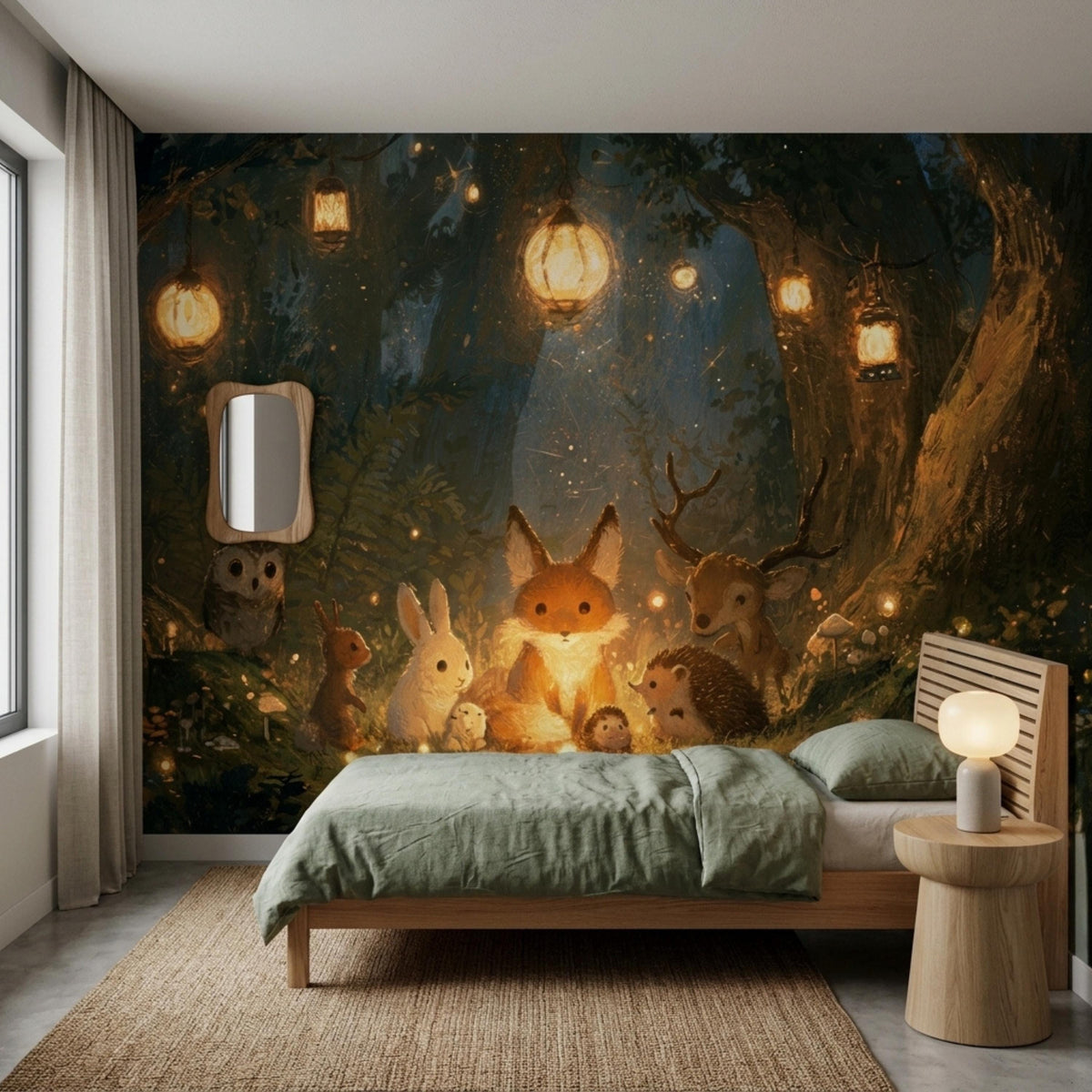 A child's bedroom with a woodland animal mural on the back wall, a wooden bed with a green duvet, and a small wooden nightstand with a lamp.