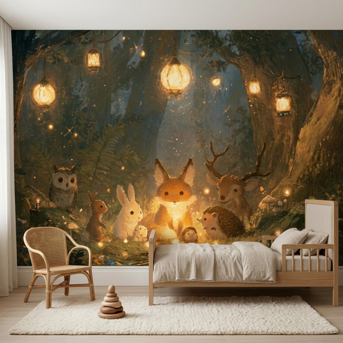 A child's bedroom with a woodland animal mural on the back wall, a light-colored wooden bed, a woven chair, and a white rug on the floor.