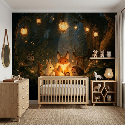 A nursery with a woodland animal mural on the back wall, a wooden crib, a matching wooden dresser, and a tall wooden shelf unit with animal figurines.