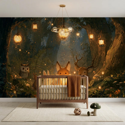 A nursery with a woodland animal mural on the back wall, a dark wooden crib with a brown blanket, and a light-colored rug on the floor.