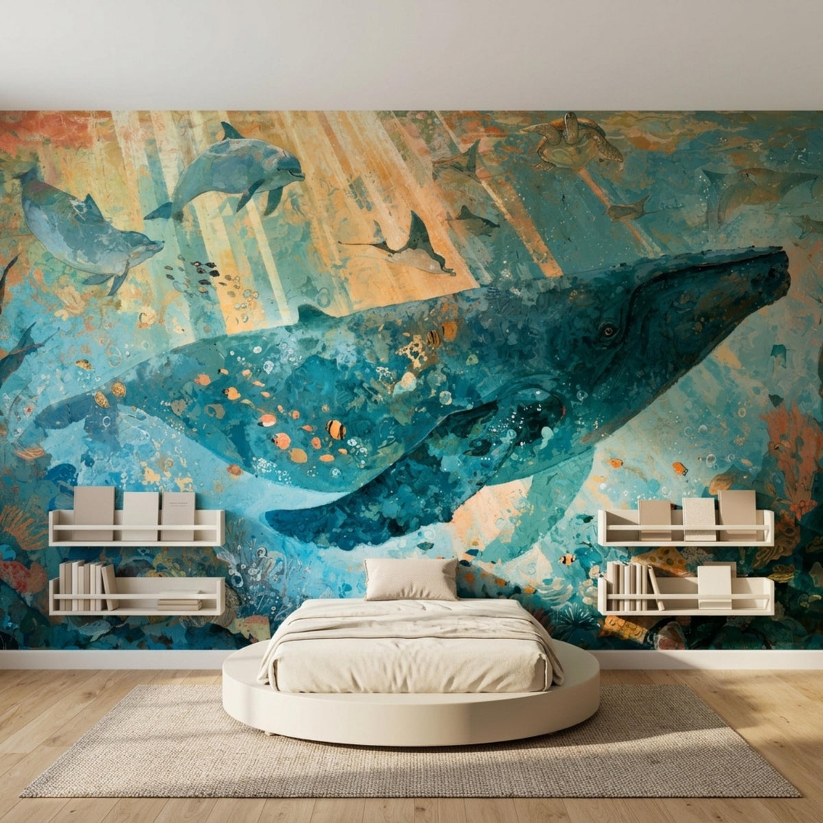 A bedroom with a round, low-profile bed and two sets of white floating shelves on a wall covered in a watercolor mural of a whale and other sea creatures.