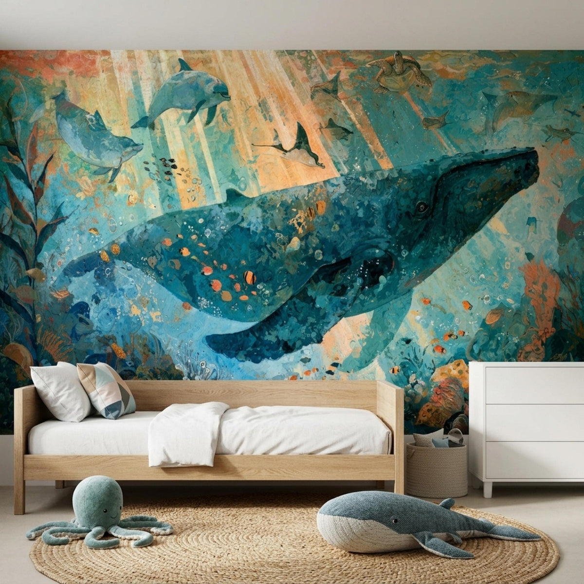 A child's bedroom with a light wood bed, a white dresser, and a woven rug, all against a wall mural of a blue whale and other marine life.