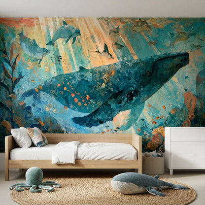 A child's bedroom with a light wood bed, a white dresser, and a woven rug, all against a wall mural of a blue whale and other marine life.