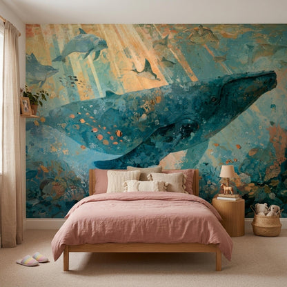 A bedroom with a bed featuring a pink duvet and pillows, a wooden nightstand with a lamp, and a wall mural of a whale and dolphins swimming in blue water.