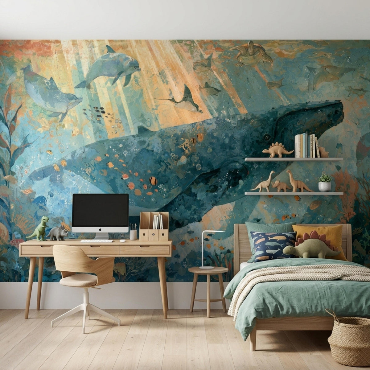 A child's room with a wooden desk and chair, a bed with a green duvet, and a wall mural showing a whale, dolphins, and other sea creatures.