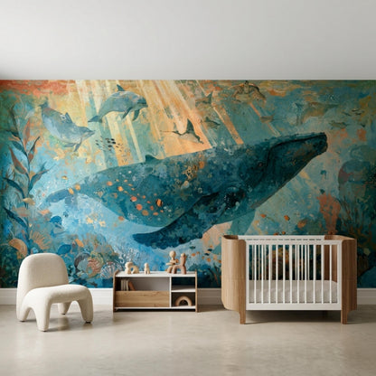 A nursery with a white crib, a white armchair, and a low wooden cabinet, all against a wall mural of an underwater scene with a whale and dolphins.